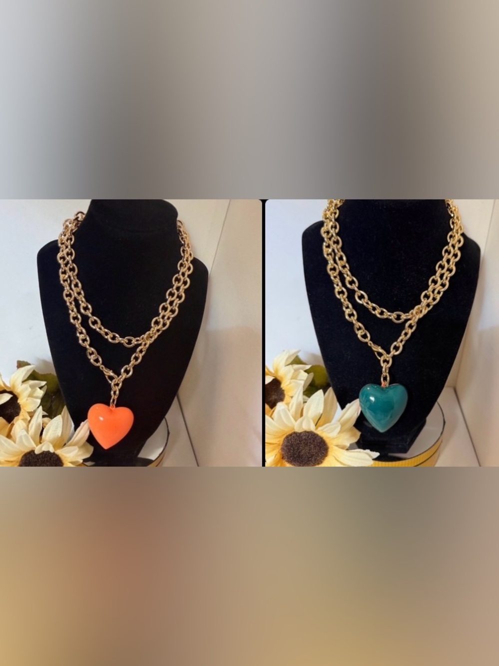 Roxanne Assoulin Gold Chain Doubke Face Forest & Persimmon Heart Pendant 2 In 1